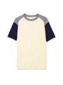 Dettaglio del girocollo a costine e delle cuciture raglan sulla maglia in maglieria - S / Contrasto Beige/Grigio/Blu