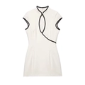 Elegant white modern Qipao dress with black contrast trim and heart-shaped neckline - XS / White