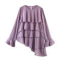 Chemisier violet à volants superposés avec ourlet asymétrique et manches longues - XS / Violet