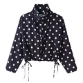 Vintage black polka dot jacket with stand collar and adjustable drawstring hem design - Black