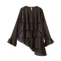 Chemise marron foncé pour femme avec volants superposés et ourlet asymétrique chic - XS / café