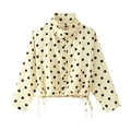 Detail of vintage beige polka dot jacket showing stand collar and drawstring waist hem - S / Yellow