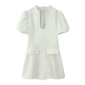 White mini dress with stylish puff sleeves and U-neckline in a modern minimalist design - S / White