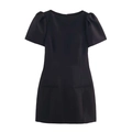 Close-up of French style black mini dress featuring puff sleeves and front welt pockets - XS / Black