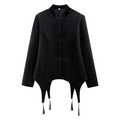 Blazer élégant en velours noir avec col montant, nœuds chinois et pompons asymétriques - S / Noir