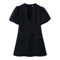 Close-up of black mini dress with deep U-neckline, puff sleeves, and pocket flap details - S / Black