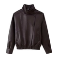 Chaqueta de cuero PU marrón oscuro con cuello alto y dobladillo elástico para mujer - S / café
