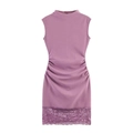Elegantes lila ärmelloses Bodycon-Kleid mit Stehkragen und zartem Spitzenbesatz - XS / Lotusrosa