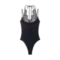 Sexy black halter neck bodysuit with sheer floral lace patchwork and high-cut leg detail - XS / Tops / Black