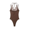 Deep brown lace halter bodysuit for women featuring floral crochet and high-cut leg - XS / Tops / Brown