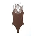 Close-up of deep brown floral lace trim and halter neck detail on backless bodysuit - XS / Tops / Dark Brown
