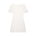 Slim fit white mini dress with puff sleeves and pleated pockets on white background - XS / White