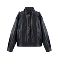 Women's minimalist black faux leather bomber jacket with a sleek stand collar and padded shoulders - XS / Black
