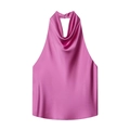Elegante top halter de satén rojo rosa con cuello desbocado y acabado sedoso fino - XS / Rosa Rojo