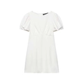 Vestido mini blanco minimalista con mangas abullonadas, talle alto plisado y corte en A - XS / Blanco