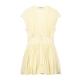 Vestido sin mangas amarillo pálido con cuello en V, detalles plisados y botones frontales - XS / Amarillo crema