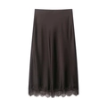 Elegante falda midi de satén chocolate con ribete de encaje para un estilo minimalista - XS / café