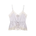 Detail of lavender satin top with white eyelash lace trim and adjustable drawstring waist - Light Purple