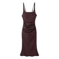 Deep chocolate silk satin slip dress with slim fit and waist pleats for summer fashion - S / Coffee
