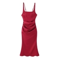 Elegant red satin spaghetti strap dress with ruched waist and flattering slim fit - S / Red