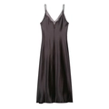 Deep coffee silk slip dress with deep V-neck and delicate lace trim on white background - XS / Dark Coffee