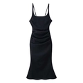 Detail of black satin camisole dress with pleated waist and elegant flared hemline - S / Black