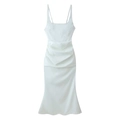 Elegant white ruched midi dress with thin adjustable straps and fishtail hemline - S / White
