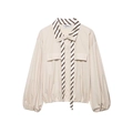 Beige button-up blouse featuring striped tie detail, lantern sleeves, and cargo pockets - XS / Apricot