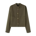 Women's army green cropped denim jacket with stand collar and large square pockets - XS / Olive Green
