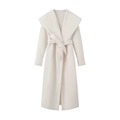 Elegante cappotto lungo avorio con ampi rever e cintura in vita per l'autunno e l'inverno - S / Bianco