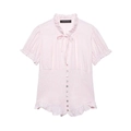 Gestreiftes rosa Kurzarmshirt mit Rüschenkragen, Schleife und gesmoktem Taillendesign - XS / Rosa Gestreift