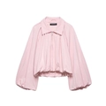 Pink cropped puff sleeve bomber jacket with a full front zipper and ribbed hem details - XS / Pink