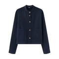 Classic dark blue denim jacket with round neck and brown buttons in a stylish flat lay - XS / Navy Blue