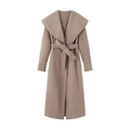 Elegante cappotto in lana cammello con ampio collo a scialle e cintura coordinata - S / Cachi