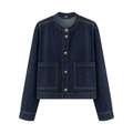 Detail of dark blue denim jacket with round neck and large square pockets - XS / Dark Blue