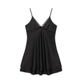 Satin sleepwear dress with deep V-neck and lace trim details in black color - XS / Black