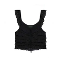 Detail of layered black lace camisole with delicate ruffles and drawstring neckline - XS / Black