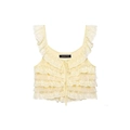 Detail of multi-layered lace ruffles and bow tie on this cream lace camisole top - XS / Yellow