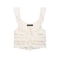 Detail of multi-layered lace ruffles and bow on cream white tank top bodice - XS / Cream