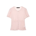 Pink V-neck chiffon short sleeve blouse with puff sleeves and decorative buttons - XS / Lotus root pink