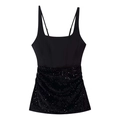 Women's sexy black sequin patchwork mini dress with double spaghetti straps and square neckline - S / Black