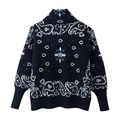 Detaillierte Strickstruktur der Vintage-Dunkelblau Paisley-Muster Jacquard-Strickjacke - Marineblau