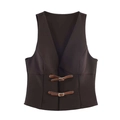 Chaleco de mujer marrón oscuro con cuello en V, elegantes hebillas de cuero y corte slim - XS / Top Café Oscuro