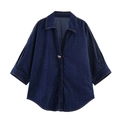 Chemise en jean bleu foncé rétro avec manches trois-quarts et coutures contrastées chic - XS / Bleu foncé