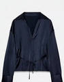 Navy blue long sleeve satin shirt for women with elegant waist tie and V-neckline - XS / Blue