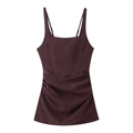 Elegant burgundy ruched satin camisole top with thin straps and a square neckline - S / Coffee
