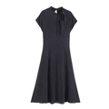 Elegantes schwarz-weiß gepunktetes Midikleid mit Stehkragen, Schleife und A-Linie - XS / Schwarz Weiße Punkte