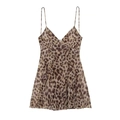 Close-up of leopard print fabric and V-neck detail on a summer strappy dress - Dark Brown Leopard