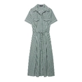 Vestido camisero de cuadros verdes y blancos con manga corta y lazo en la cintura - XS / Cuadros Verdes y Blancos