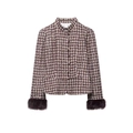 Damen-Tweedjacke mit Karomuster, burgunderrotem Pelzbesatz an Ärmeln und Goldknöpfen - XS / Wie gezeigt